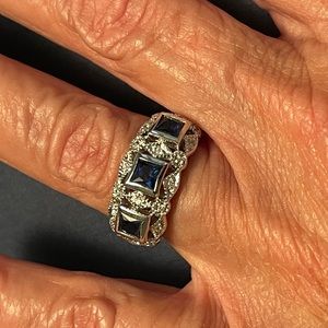 925 high polished, sterling silver, dark blue & clear stone ring. Easy to wear!